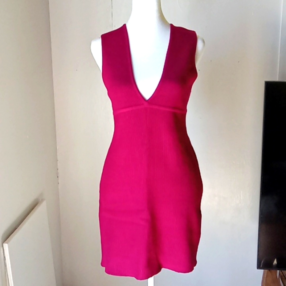 House of Harlow 1960 Plunging Neckline Ribbed Mini Dress Size L Magenta